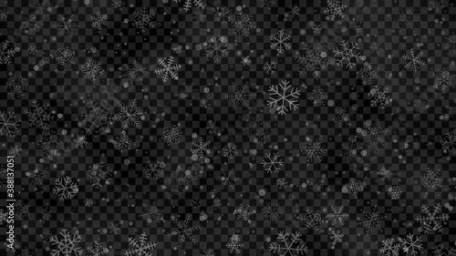 Christmas illustration of snowflakes of different shapes, sizes and transparency in white colors on transparent background