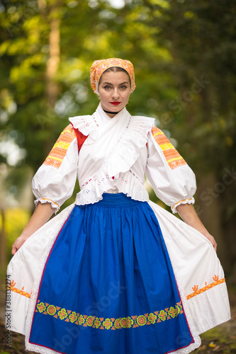Slovak folklore. Girl in slovak folk dress.