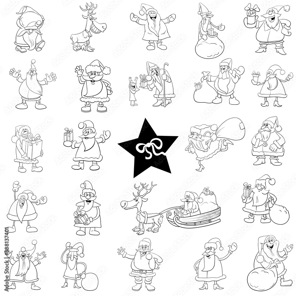 Fototapeta premium black and white Christmas cartoon characters big set