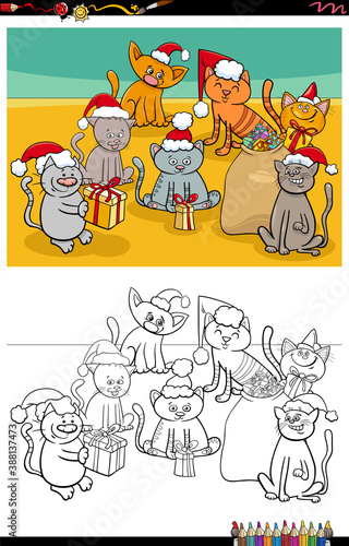 cartoon cats group on Christmas time coloring book page