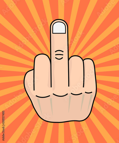 Hand gesture. Third rude finger hand drawn fuck you sign. Caucasian hand showing middle finger showing disrespect gesture. Vector illustration with rays star orange and yellow sunburst background. 