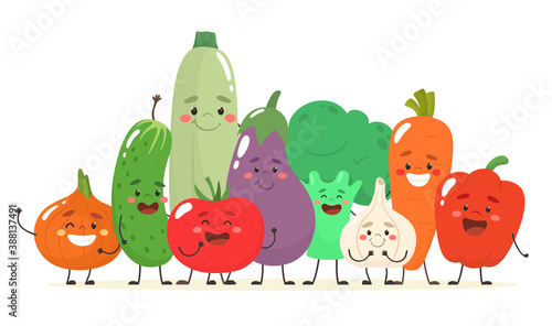 Happy and cheerful vegetables together. Vector illustration in flat cartoon style.