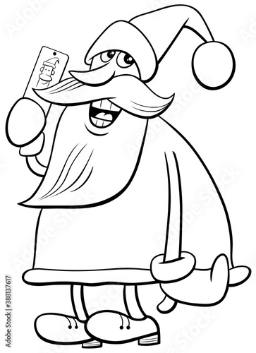 Santa Claus Christmas character with smart phone coloring book page