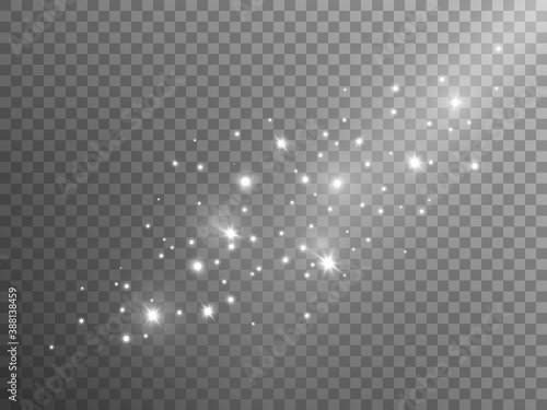 Shining silver dust on transparent backdrop. Christmas lights template. Abstract magic white stars. Luxury sparkling trail with silver particles. Vector illustration