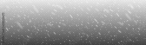 Snow realistic on wide transparent backdrop. Christmas falling snowflakes. Defocused snowfall on dark template. Winter snow flakes. Snowy texture with white flakes. Vector illustration