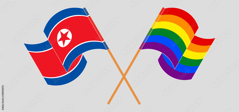 Crossed and waving flags of North Korea and LGBTQ