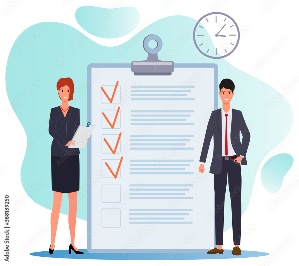 Businessmen are planning a task.List of time management tasks.People next to a large list of planned tasks.The complete list of tasks is marked with the completed tasks check box.Flat illustration . Businessmen are planning a task.List of time management tasks.People next to a large list of planned tasks.The complete list of tasks is marked with the completed tasks check box.Flat illustration .