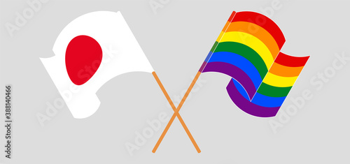 Crossed and waving flags of Japan and LGBTQ