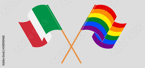 Crossed and waving flags of Italy and LGBTQ