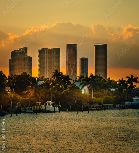 city skyline at sunset miami florida palms boat buildings downtown  © Alberto GV PHOTOGRAP
