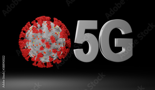 COVID-19 virus body and 5G letters. 5G fake news concept. High quality 3D render. Accurate reproduction of the virus model. photo