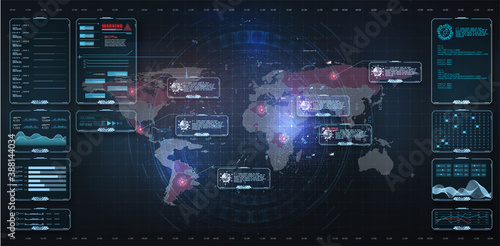 HUD, GUI. Hi-tech futuristic display. Tech and science, analysis theme. Digital user interface. Virus danger, infected places on earth. Red lesions of coronavirus. World pandemic 2020. Vector