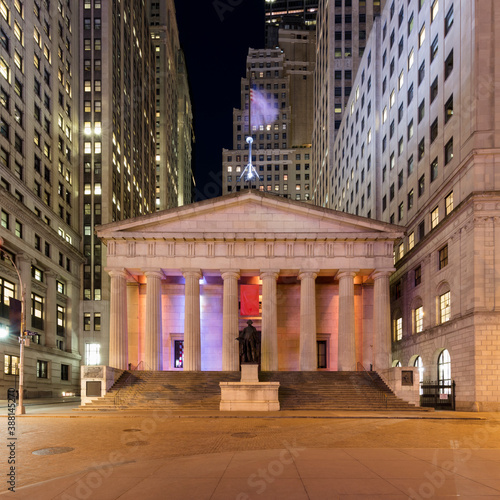 USA, New York, New York City, Federal Hall illuminated at night photo