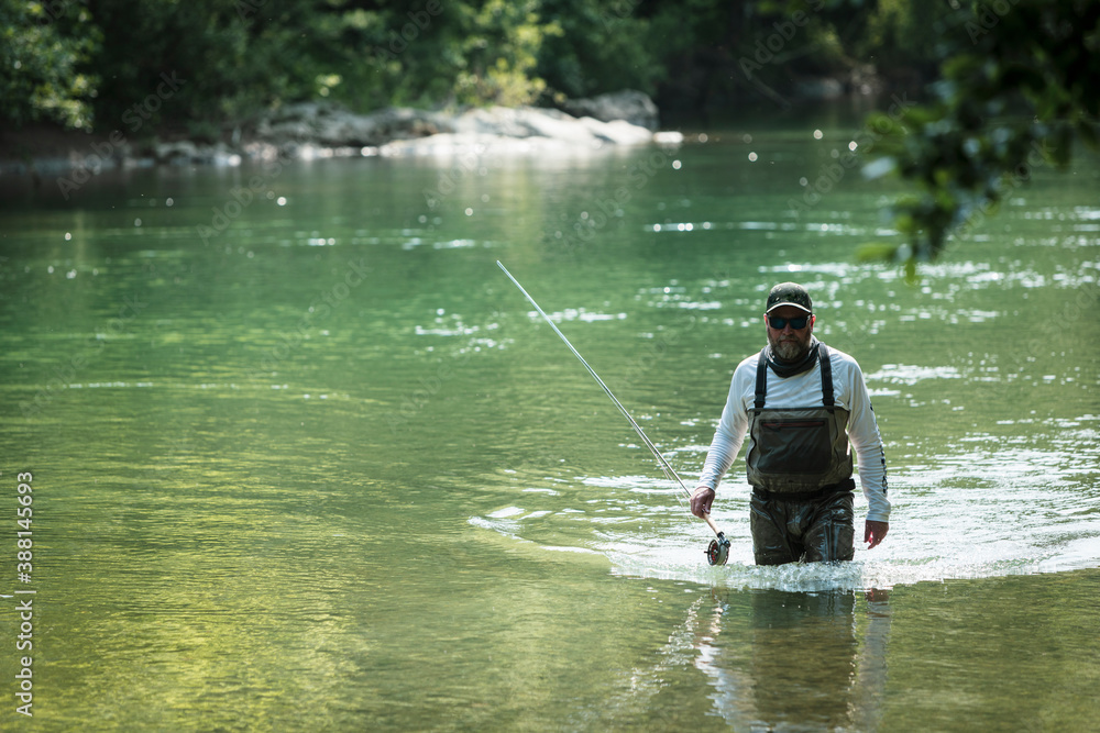 Fisherman wading through green river Fisherman wading through green river