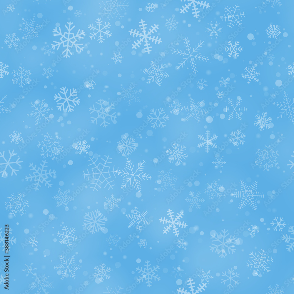 Christmas seamless pattern of snowflakes of different shapes, sizes and transparency, on light blue background Christmas seamless pattern of snowflakes of different shapes, sizes and transparency, on light blue background
