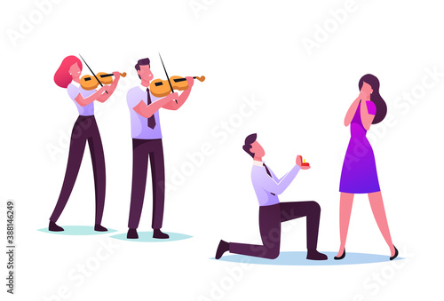 Love, Engagement or Marriage Concept. Man Stand on Knee Holding Ring in Box Making Proposal to Woman in Romantic Setting
