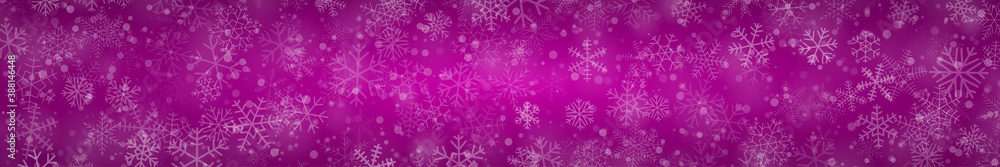 Christmas banner of snowflakes of different shapes, sizes and transparency on purple background
