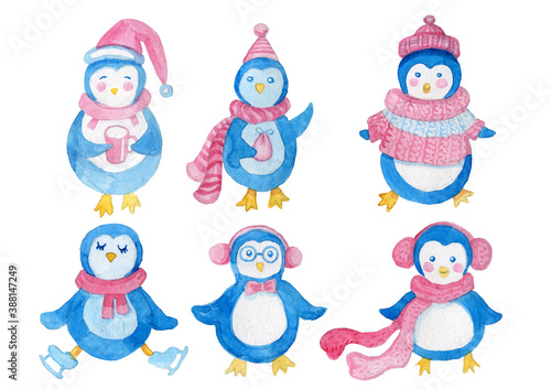 Merry Christmas card penguin watercolor