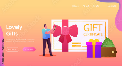 Customers Care and Loyalty Program Landing Page Template. Tiny Buyer Character at Huge Certificate, Gift Box and Wallet