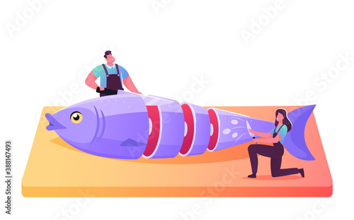 Fishery Industry, Seafood Retail, Distribution Concept. Tiny Male and Female Fishers Cutting Fresh Raw Fish on Board
