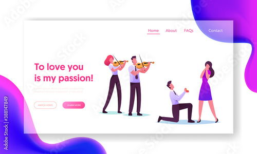 Characters in Loving Relation Landing Page Template. Man Stand on Knee Holding Ring Making Proposal in Romantic Setting