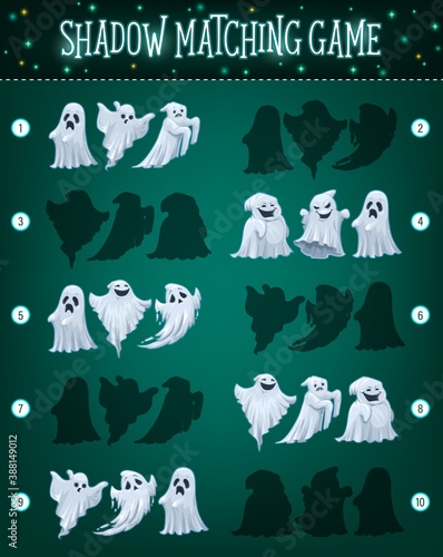 Shadow matching game vector template with Halloween ghosts. Kids education find and connect puzzle worksheet design of cartoon ghosts, spirits or phantoms with horror faces, preschool kids activity