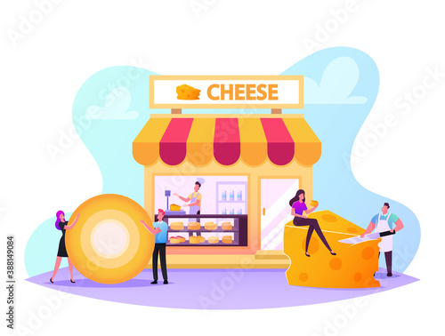 Male and Female Characters Visiting Cheese Shop, Seller Weigh and Presenting Products for Customer in Store, Degustation