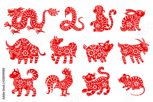Chinese horoscope animal isolated icons with red paper cut zodiac symbols of Lunar New Year. Vector rat, mouse, pig and dog, dragon, tiger and monkey, horse, snake, rooster and ox, goat, rabbit, sheep