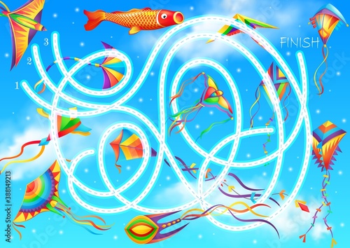Maze or labyrinth game vector template of kids education design with cartoon kites on blue sky background. Find way or path puzzle with paper kites in shape of bird, fish and butterfly flying in sky