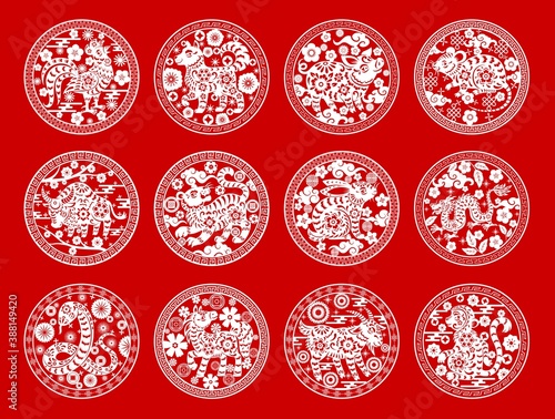 Chinese zodiac animals isolated vector icons set. White horoscope signs cock, dog and pig, rat, bull and tiger. Hare, dragon and snake, horse, goat and ape on red background. Asian symbols of year