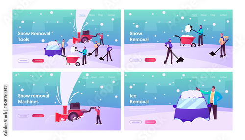 Winter Landing Page Template Set. Happy Characters Shoveling, Removing Snow from Street Using Shovels and Snowblower