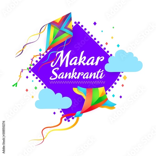Makar Sankranti Indian festival vector design with flying kites and clouds. Hindu religion holiday festive paper kites with colorful wings and ethnic ornament greeting card of harvest fest celebration