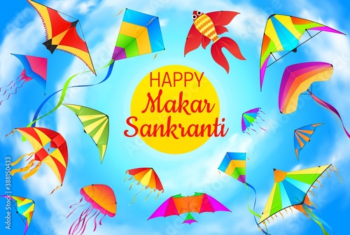 Makar Sankranti kites flying in blue sky vector greeting card. Indian festival of Hindu religion festive colorful kites, bird, fish and jellyfish flying paper toys of Maghi harvest festival design