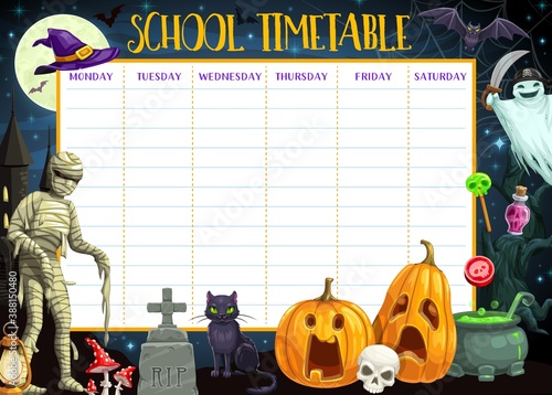 School timetable vector template of education schedule with Halloween monsters background. Weekly study plan of student lessons, preschool pupil planner layout with pumpkins, ghost, witch hat and moon