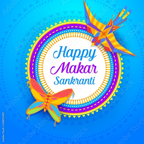 Makar Sankranti kites of Hindu religion Indian festival vector design. Bird and butterfly shaped kites with colorful ethnic ornaments, festive paper toys greeting card of Indian harvest fest