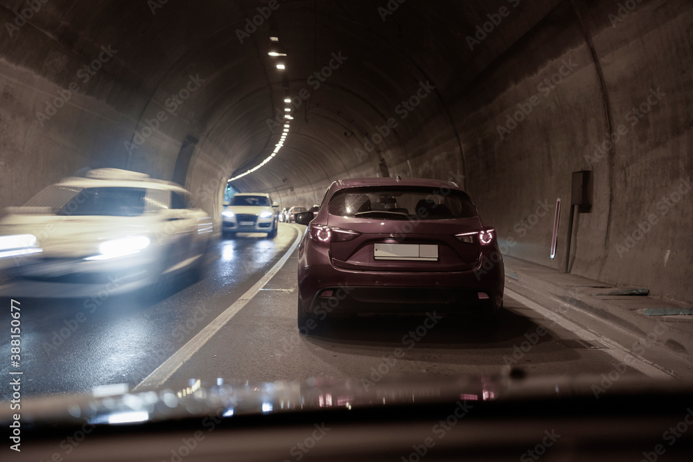 Line of cars formed in the tunnel