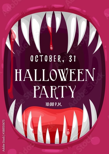 Halloween party vector invitation poster in frame of screaming vampire with bloody mouth. Horror holiday Dracula monster devil laugh with sharp teeth and fangs, blood drops and tongue, cartoon invite
