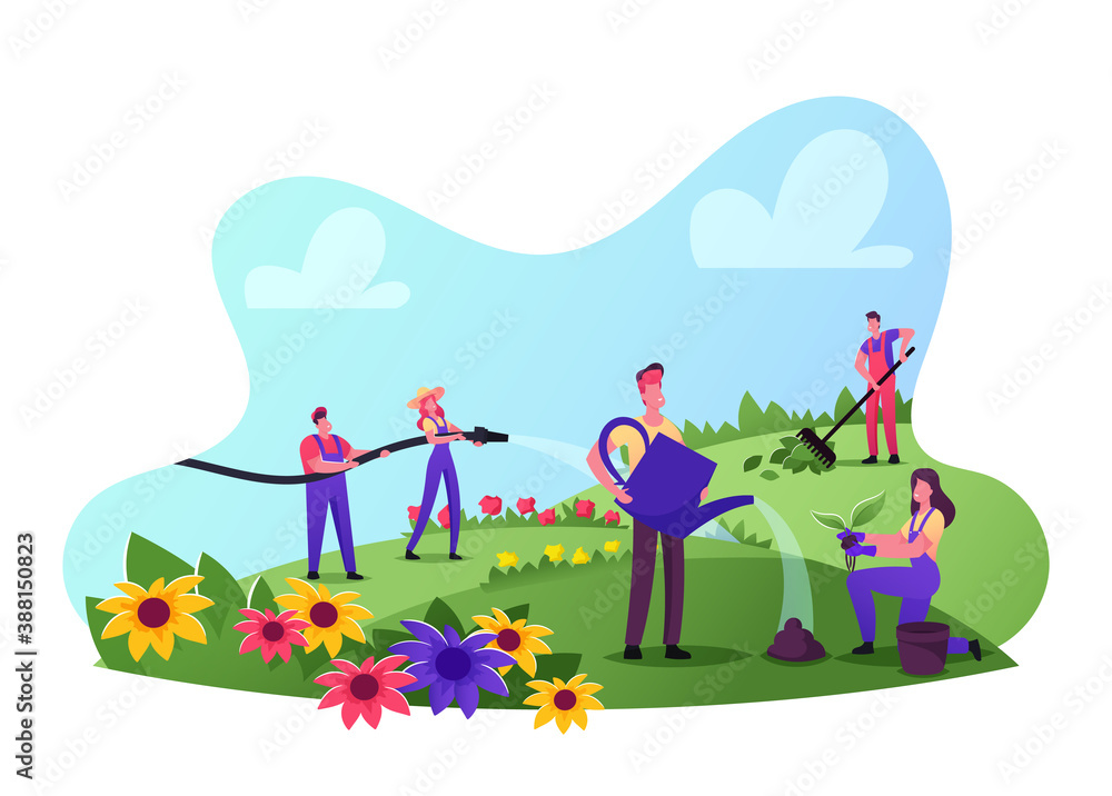 Fototapeta premium Male Female Gardener Characters Wearing Working Overalls Care of Flowers on Field Raking, Watering and Planting Sprouts