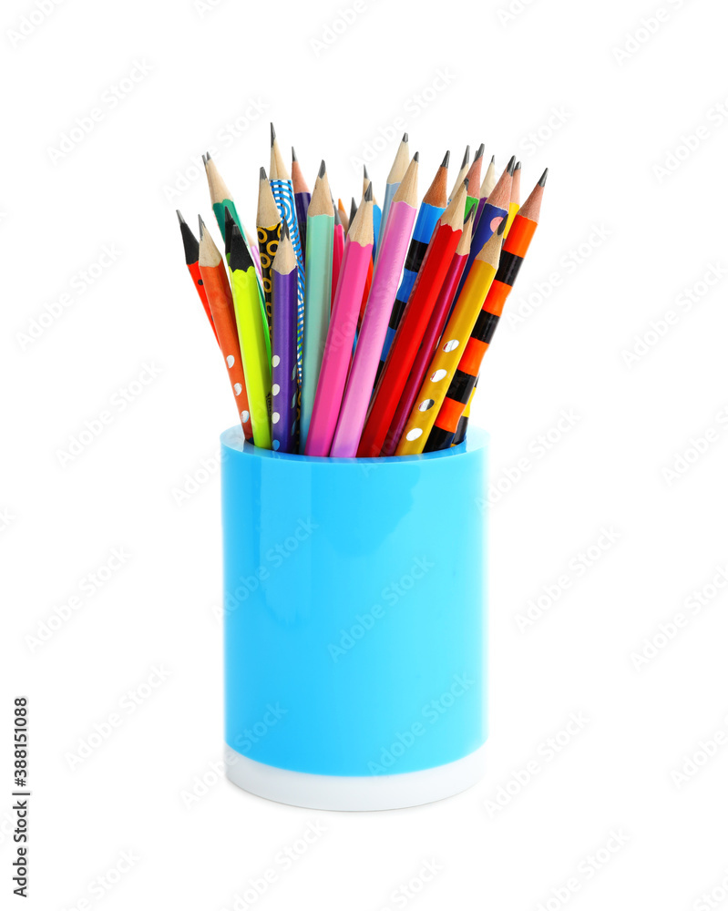 Holder with different pencils on white background. School stationery Holder with different pencils on white background. School stationery