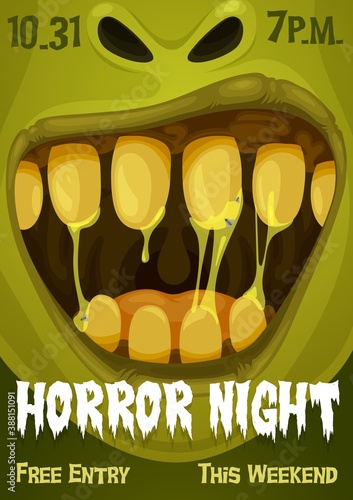 Halloween zombie monster vector poster of horror night party. Spooky green ogre, troll or ghoul creepy smile with dirty teeth, slime and saliva drops, tongue and flies, trick or treat party invitation