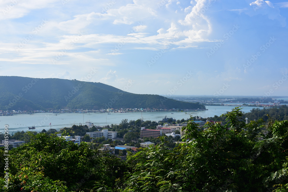 Natural views with the sea and mountains of Songkhla seen from the top of the mountain.