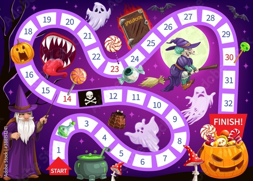 Halloween start to finish children board game vector template. Cartoon strategy maze or puzzle of journey map with numbered steps and pumpkin full of trick or treat candies at finish, ghosts and witch