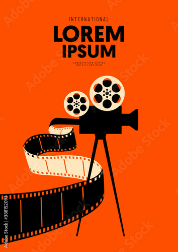 Movie and film poster design template background with vintage movie camera