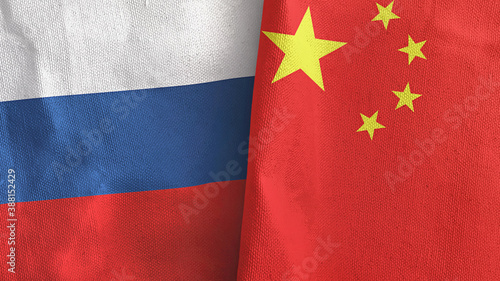 Photography China and Russia two flags textile cloth 3D rendering