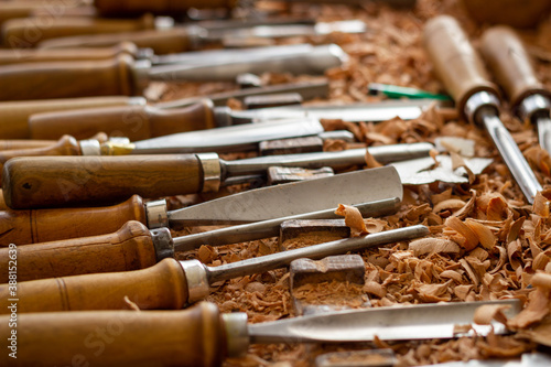 Carpenter wood carving equipment. Woodworking, craftsmanship and handwork concept