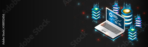 Technology concept for data center with server or hosting. Binary code structure. Big data stream. Abstract Isometric information warehouse. Creative Web hosting banner.