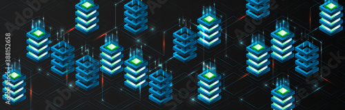 Big data analysis processing. Network connection and information exchange. Creative Web hosting banner. Information flow on the black background. Abstract futuristic data center.