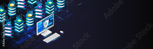 Technology concept for data center with server or hosting. Binary code structure. Big data stream. Abstract Isometric information warehouse. Creative Web hosting banner.