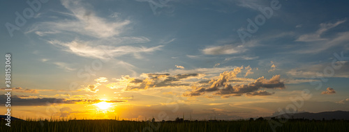 Colorful sunset and sunrise with clouds.Blue and orange color of nature.