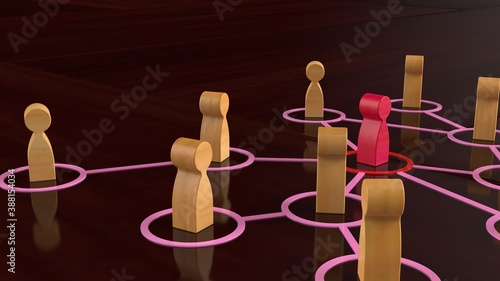 Chain of woody human figurines connected by pink lines. Cooperation and interaction between people and employees. Dissemination of information in society, rumors. Social contacts. 3D illustration CG.